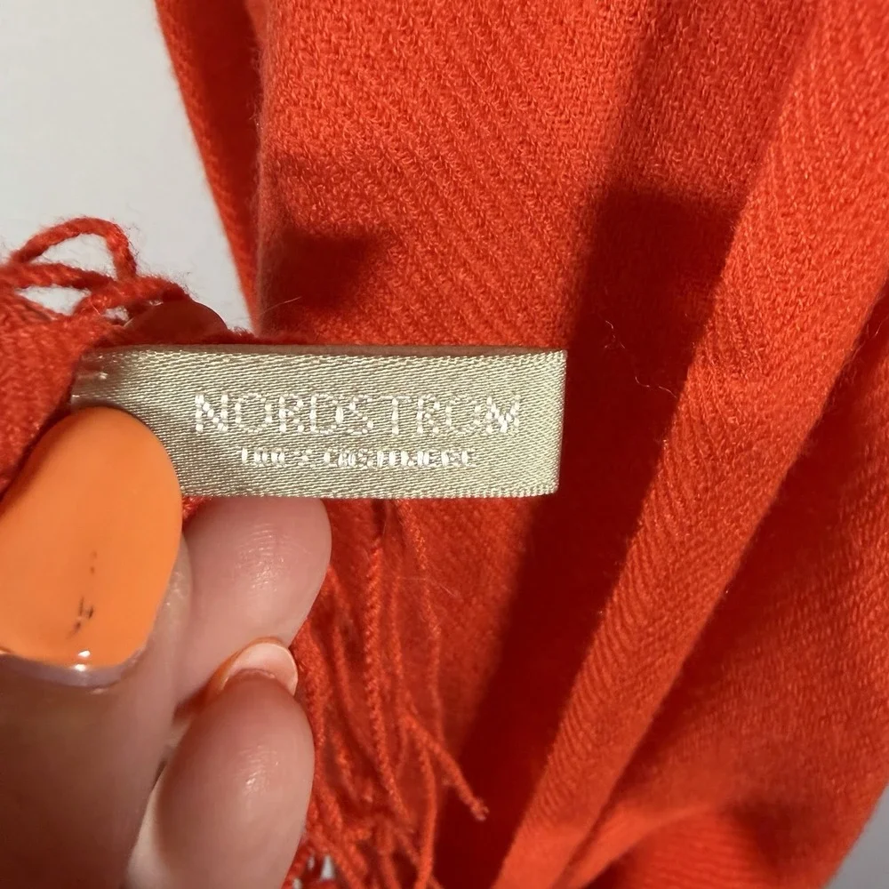 Nordstrom Orange Coral 100% Cashmere Shawl Scarf Fringe Chic Quiet Luxury City